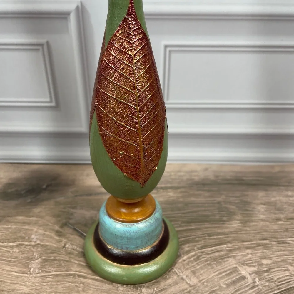 Wood Candlestick Holders Gold Leaf Green Brown Blue Artisan Handcrafted Set of 2